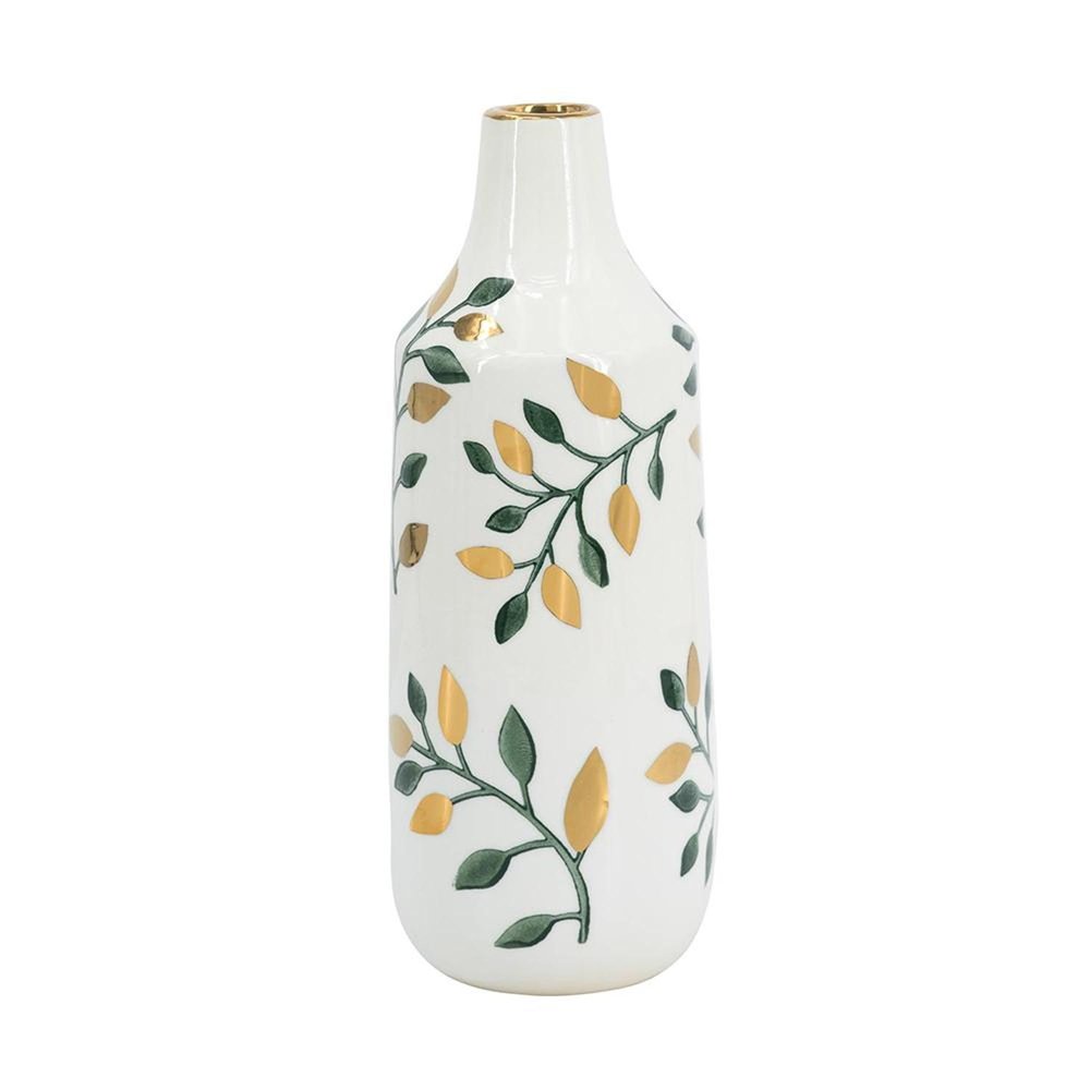 12" White Green And Gold Floral Leaf Bud Ceramic Table Vase
