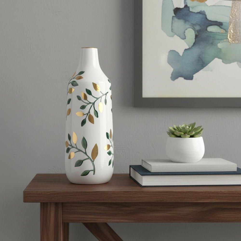 12" White Green And Gold Floral Leaf Bud Ceramic Table Vase