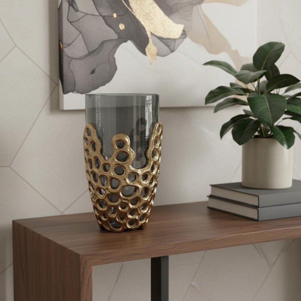 11" Black And Gold Glass And Aluminum Geo Circles Table Vase