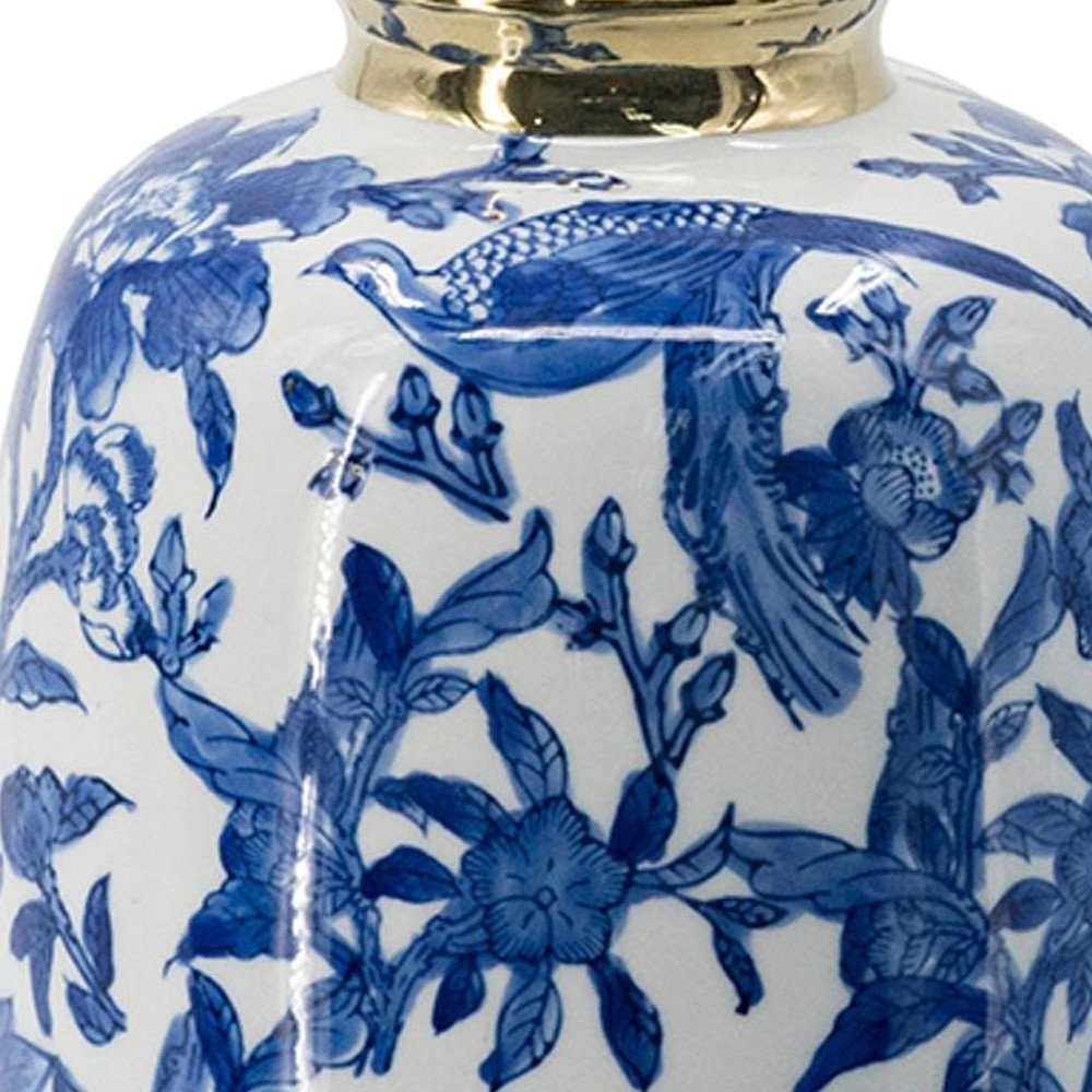 11" Blue White And Gold Chinoiserie Floral Porcelain Table Vase