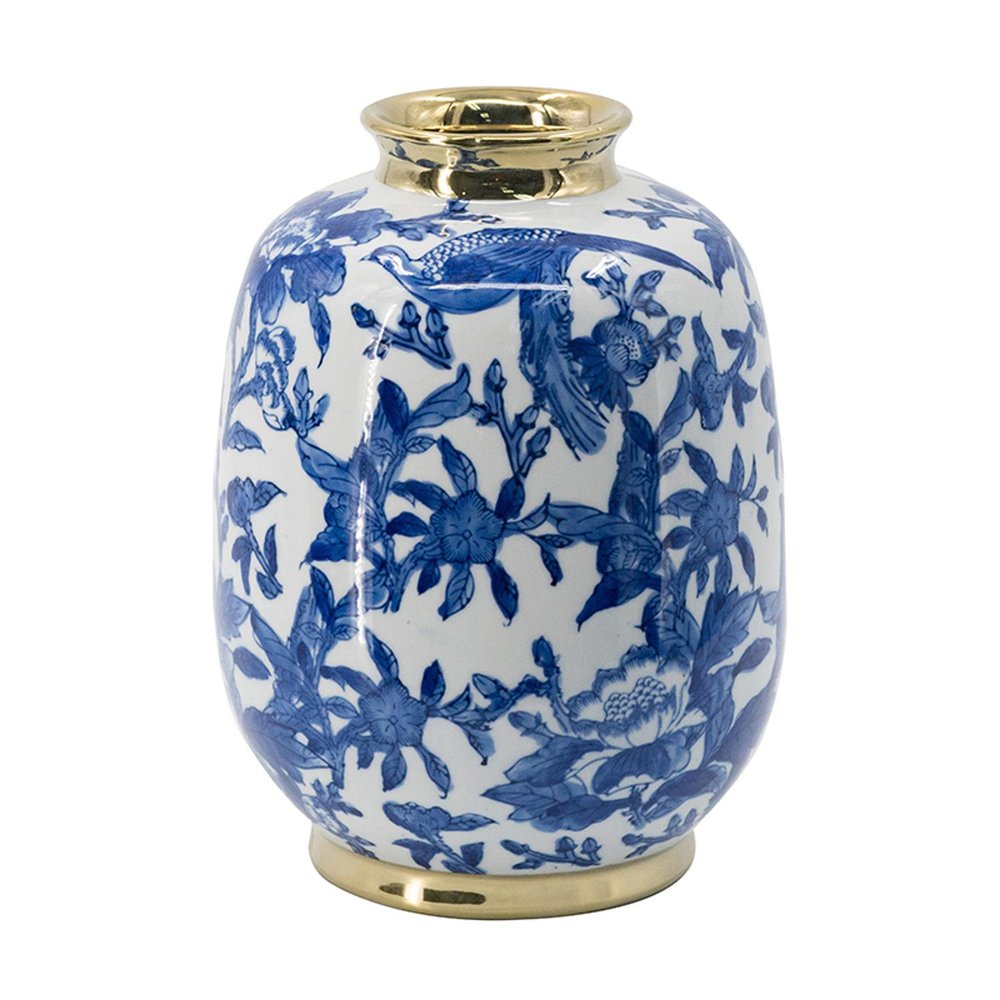 11" Blue White And Gold Chinoiserie Floral Porcelain Table Vase