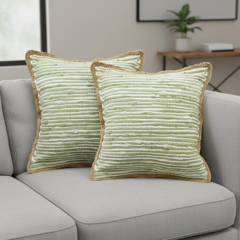 Set of Two 20" Green Beach Striped Cotton Blend Throw Pillows