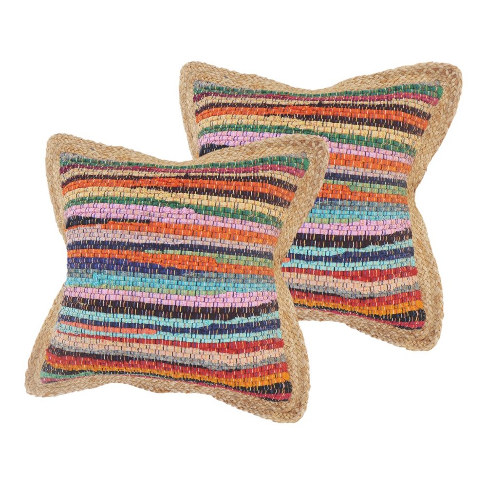 Set of Two 20" Blue Red And Natural Striped Cotton And Jute Throw Pillows