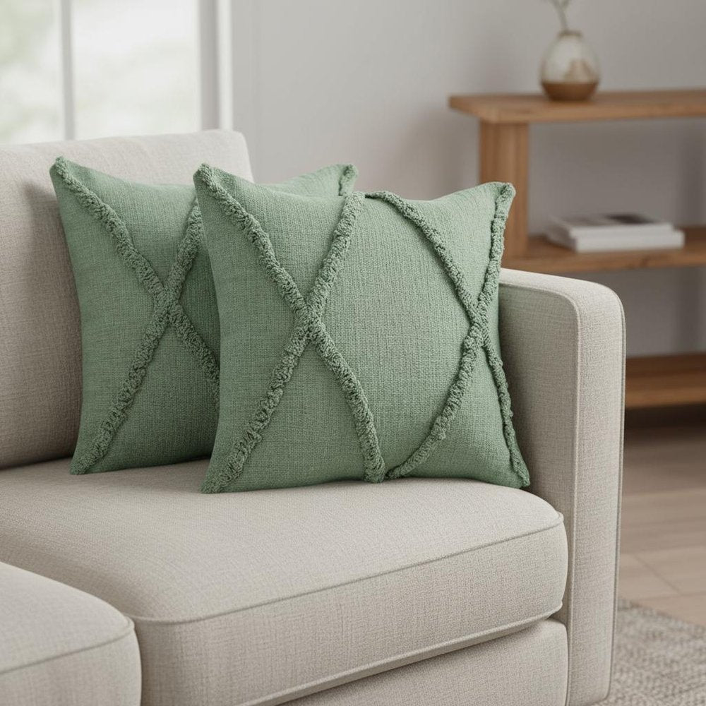 Set of Two 20" Forest Green Geometric Throw Pillows with Tufts