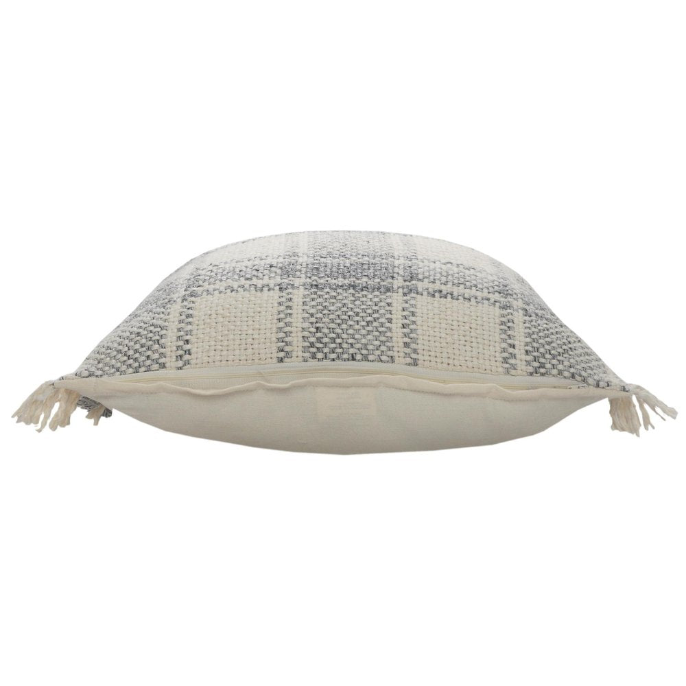 Set of Two 20" Off White And Gray Plaid Cotton Throw Pillows with Fringe
