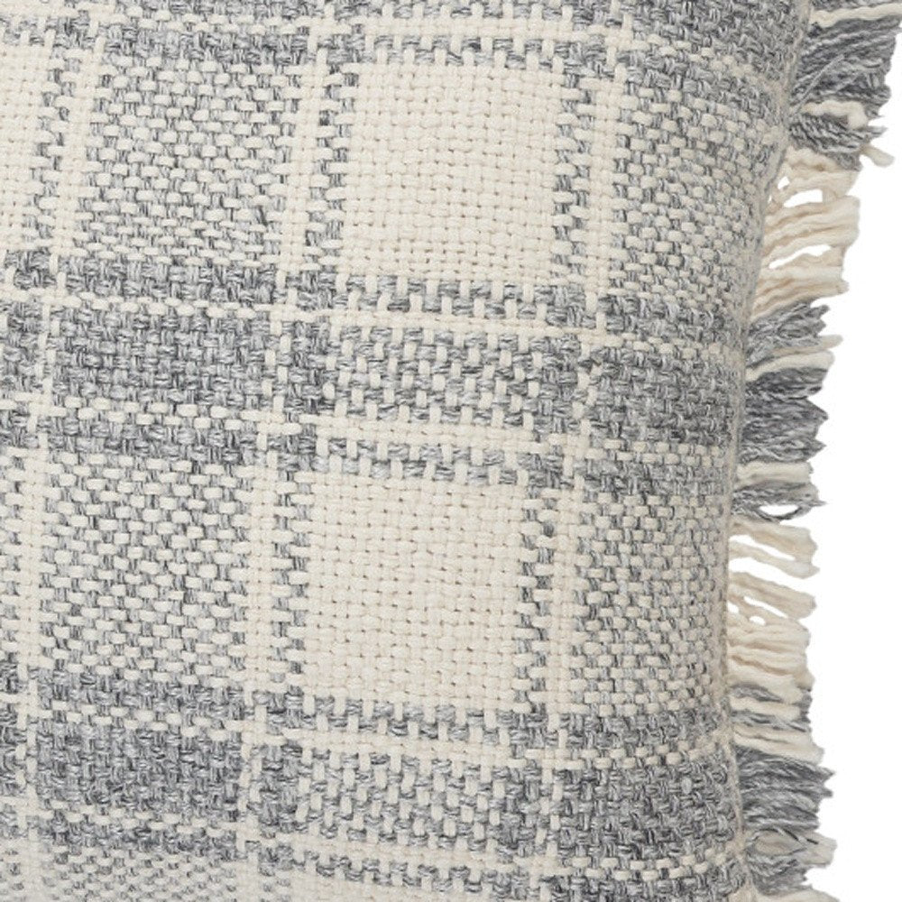 Set of Two 20" Off White And Gray Plaid Cotton Throw Pillows with Fringe