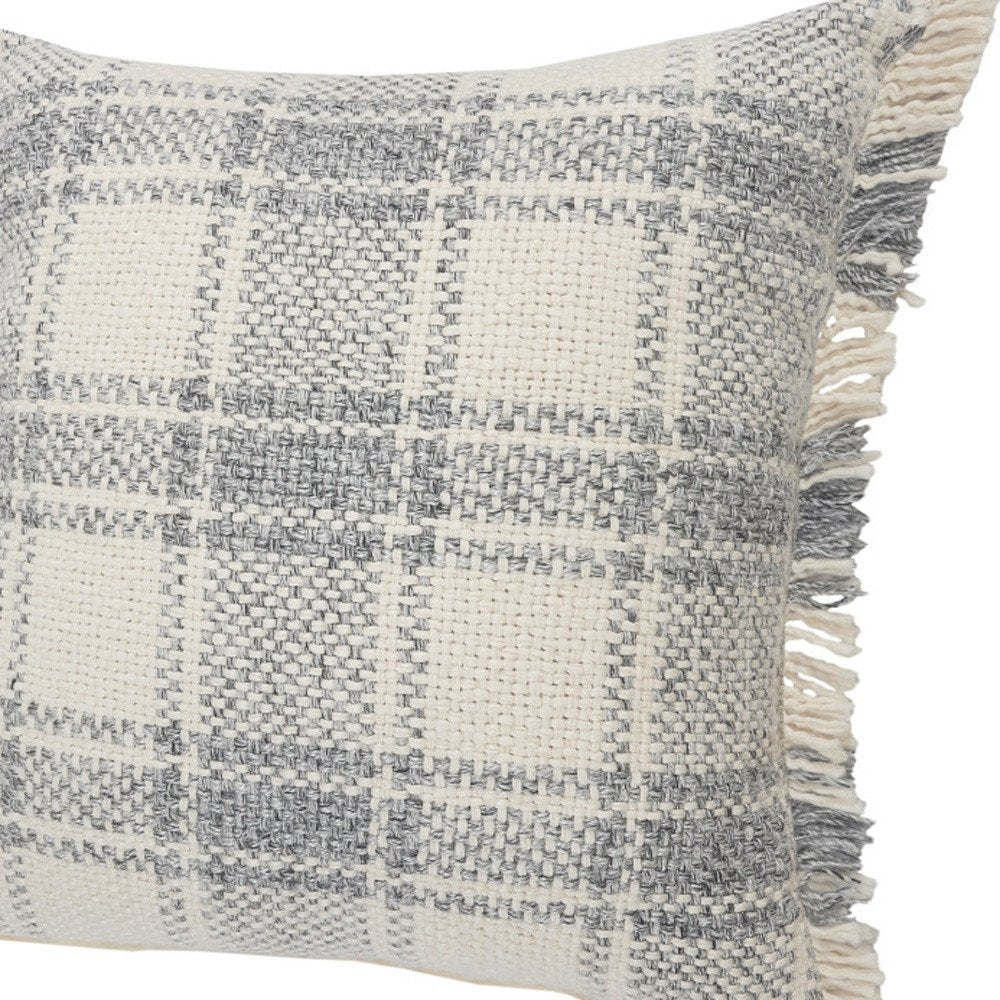 Set of Two 20" Off White And Gray Plaid Cotton Throw Pillows with Fringe