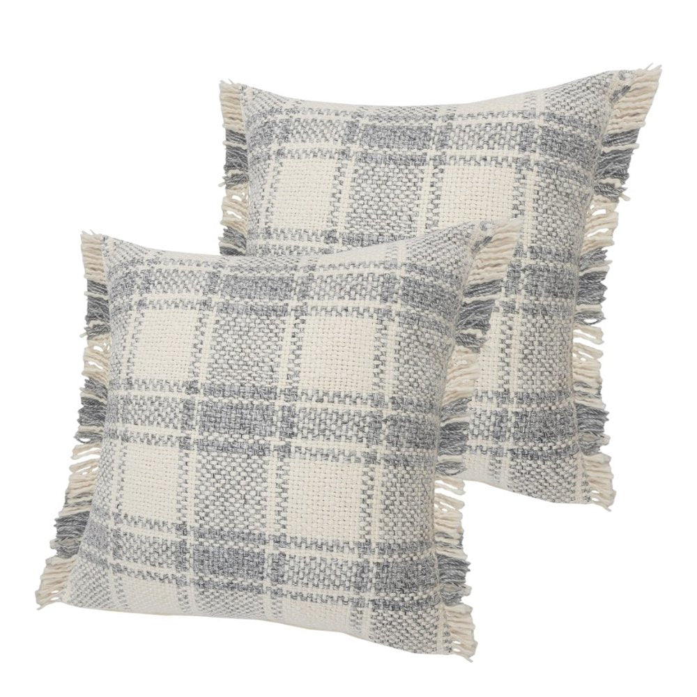 Set of Two 20" Off White And Gray Plaid Cotton Throw Pillows with Fringe