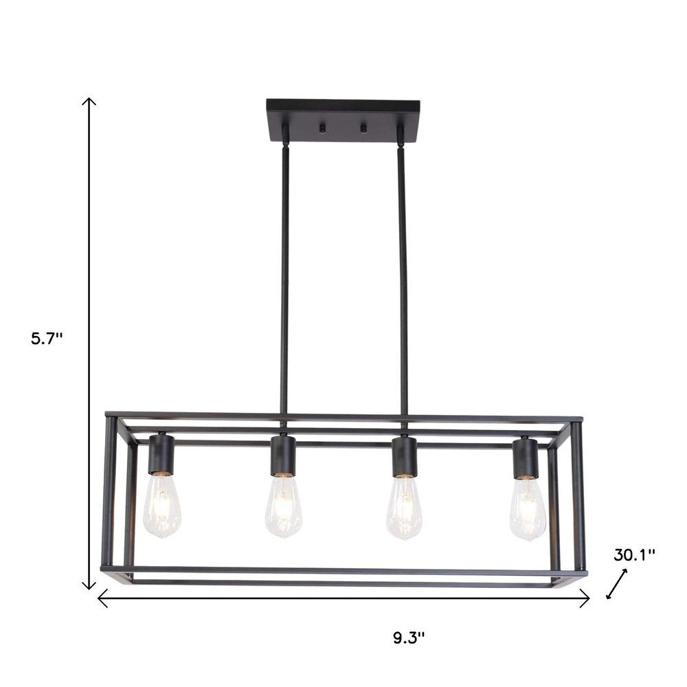 Black Metal Four Light Caged Rectangular Hanging Pendent Light