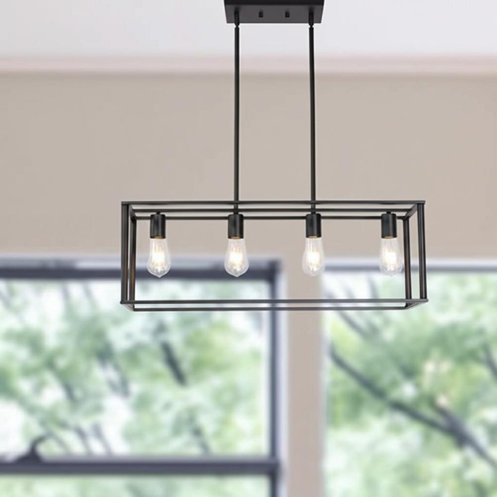 Black Metal Four Light Caged Rectangular Hanging Pendent Light