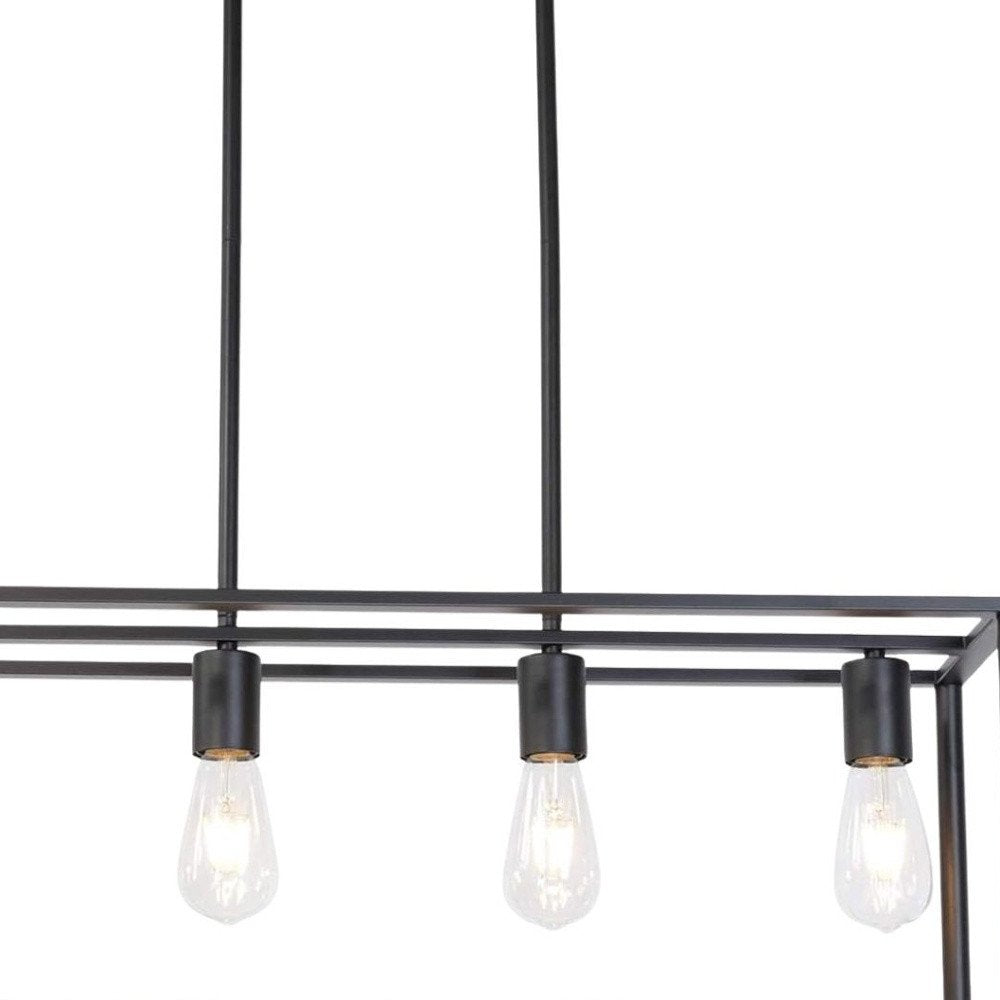 Black Metal Four Light Caged Rectangular Hanging Pendent Light