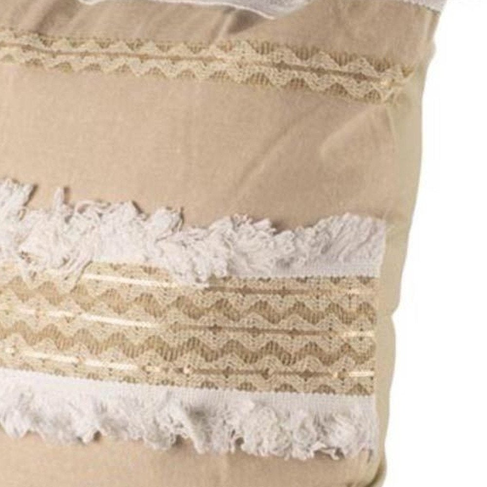 22" Tan And White Geometric Linen Throw Pillow Cover with Fringe