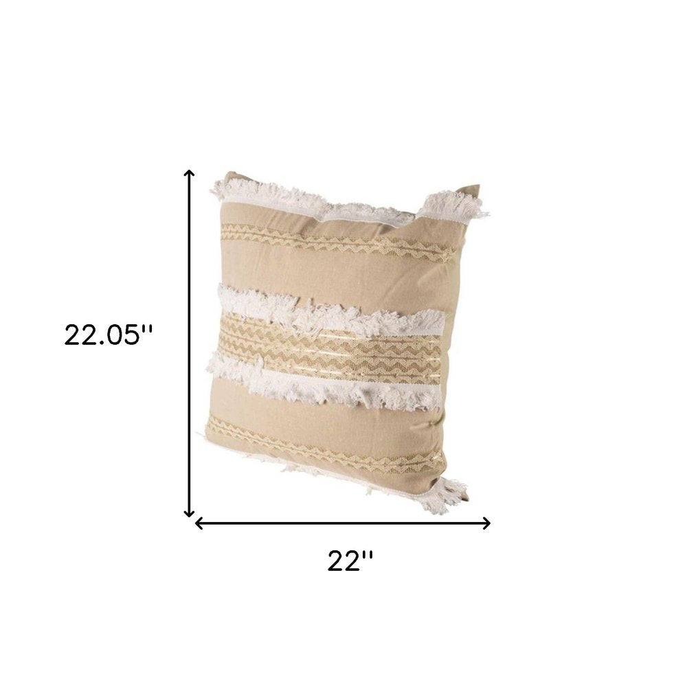 22" Tan And White Geometric Linen Throw Pillow Cover with Fringe