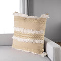 22" Tan And White Geometric Linen Throw Pillow Cover with Fringe