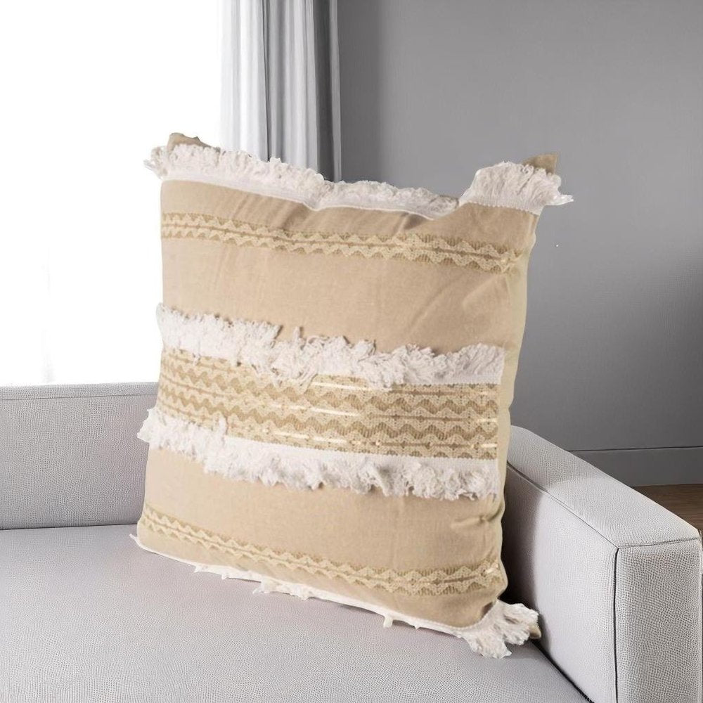 22" Tan And White Geometric Linen Throw Pillow Cover with Fringe