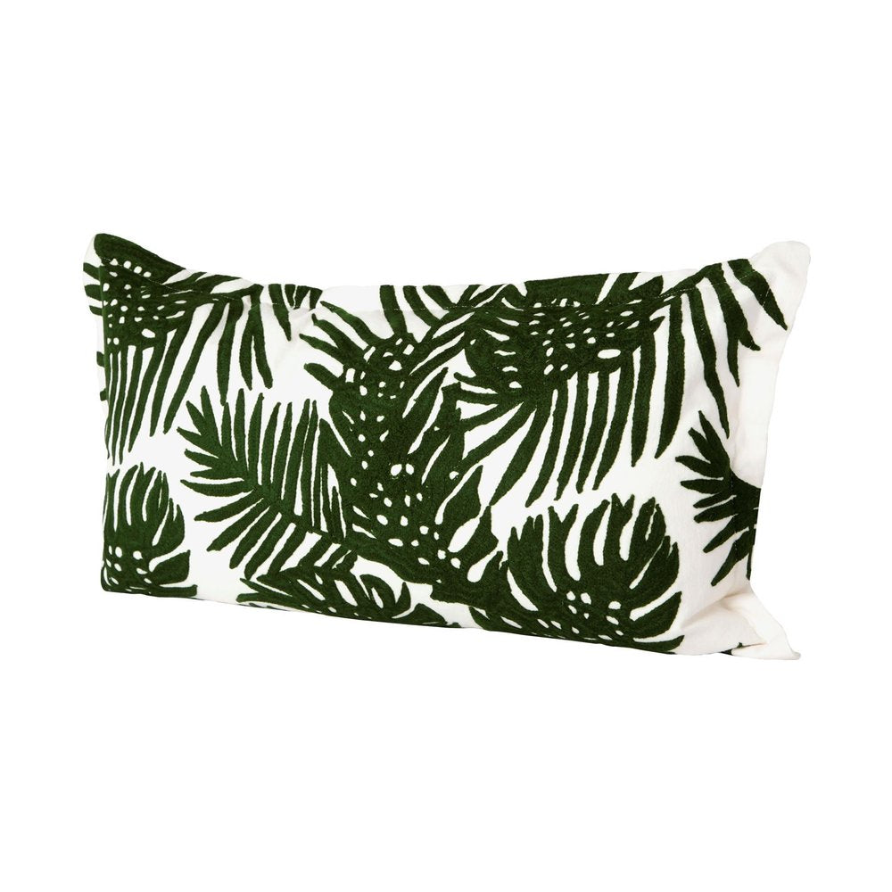 13" X 21" Green And White Tropical Botanical Linen Throw Pillow Cover with Embroidery