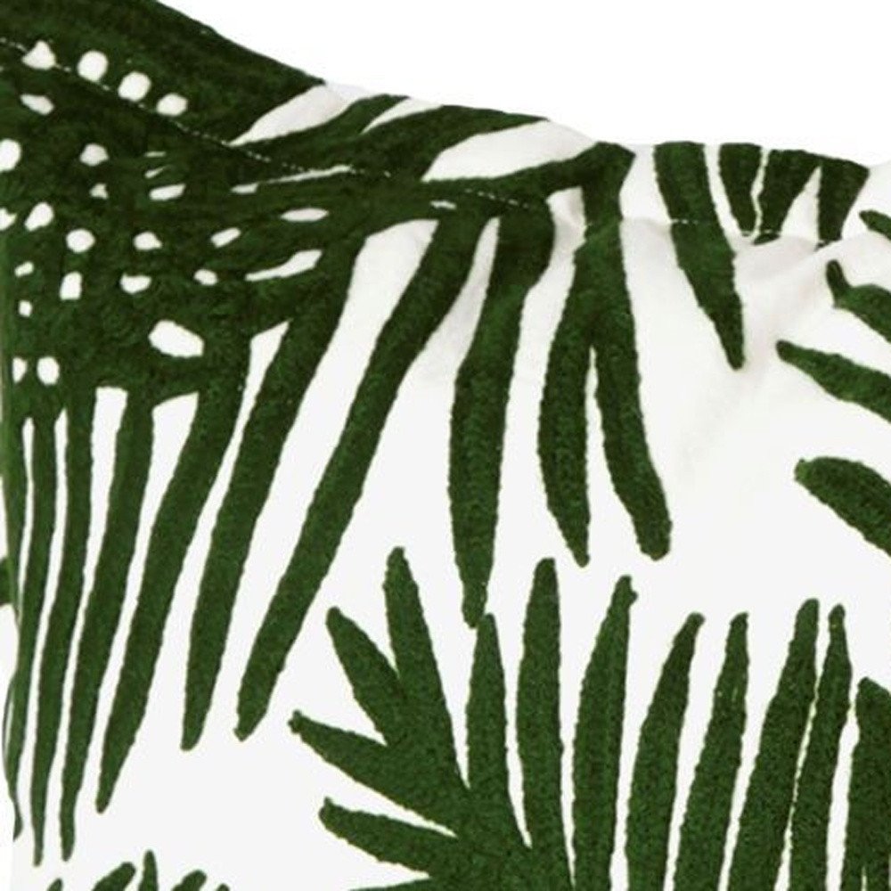 13" X 21" Green And White Tropical Botanical Linen Throw Pillow Cover with Embroidery