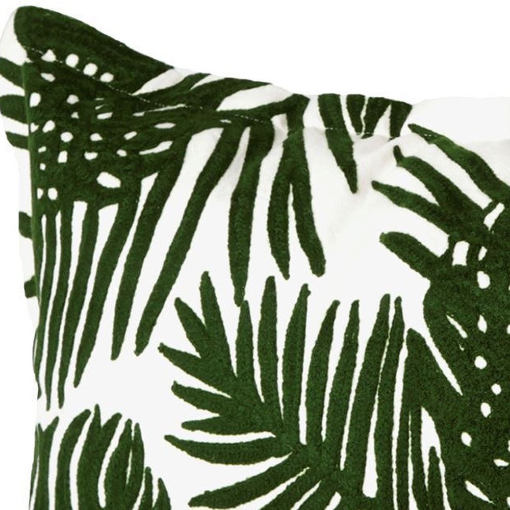 13" X 21" Green And White Tropical Botanical Linen Throw Pillow Cover with Embroidery