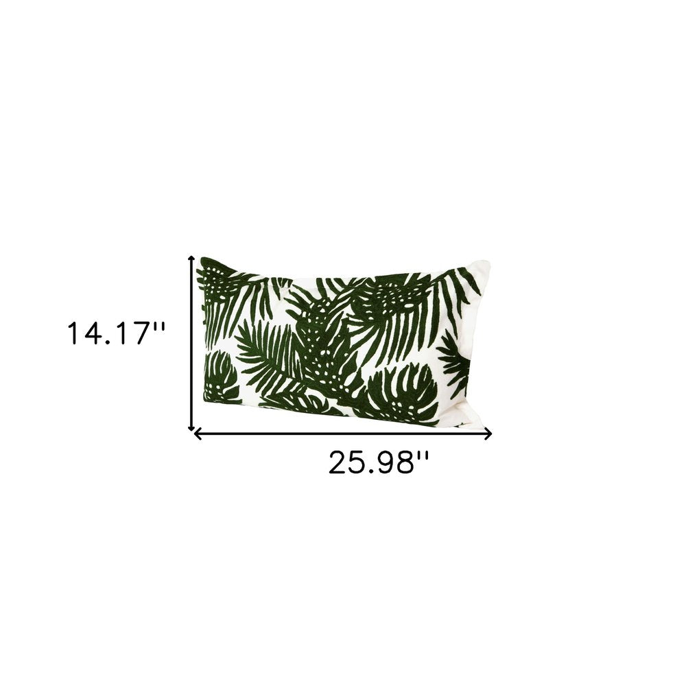 13" X 21" Green And White Tropical Botanical Linen Throw Pillow Cover with Embroidery