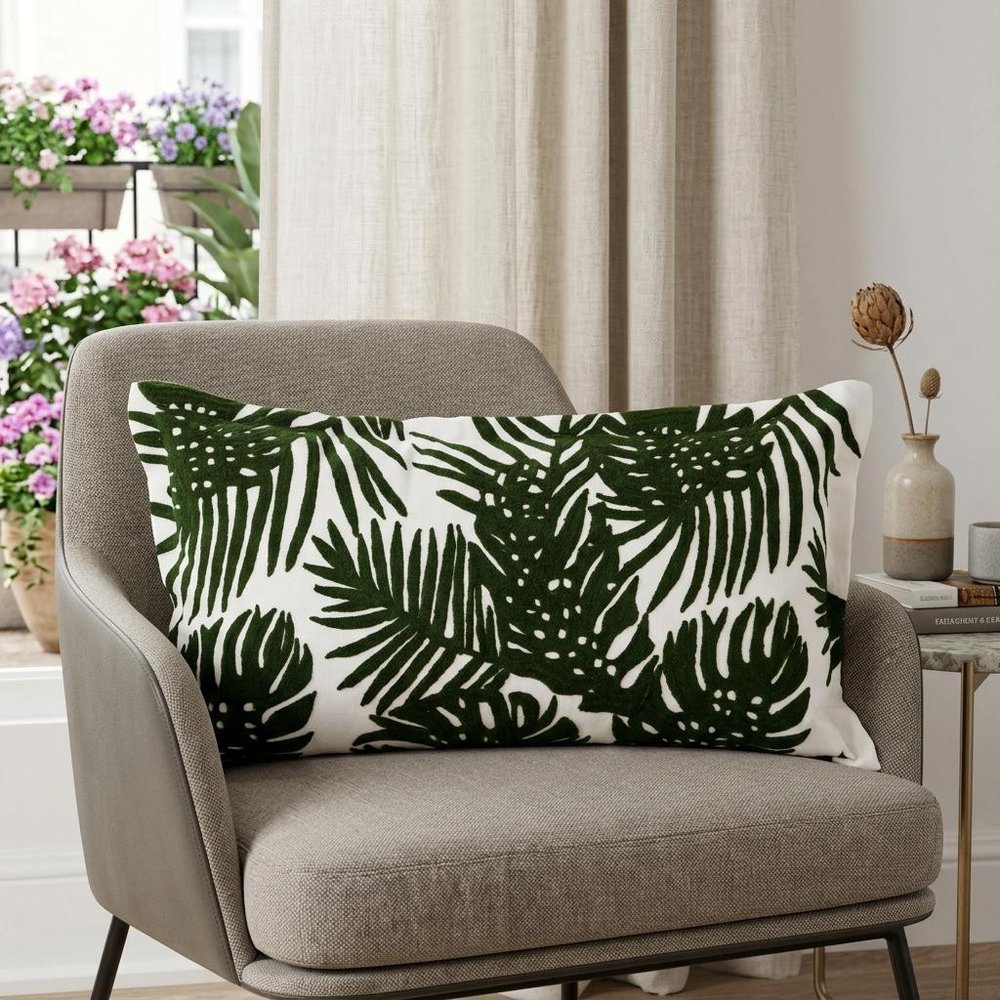 13" X 21" Green And White Tropical Botanical Linen Throw Pillow Cover with Embroidery