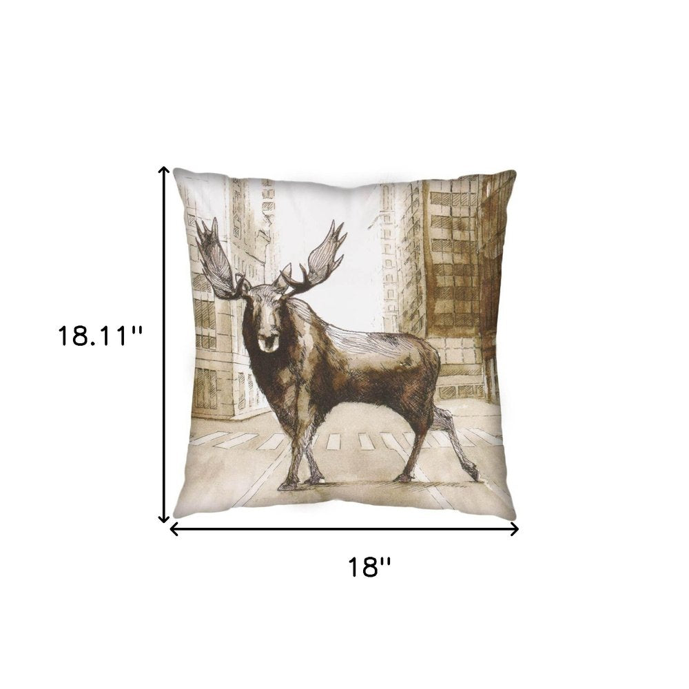 18" Brown And Cream Moose Linen Throw Pillow Cover