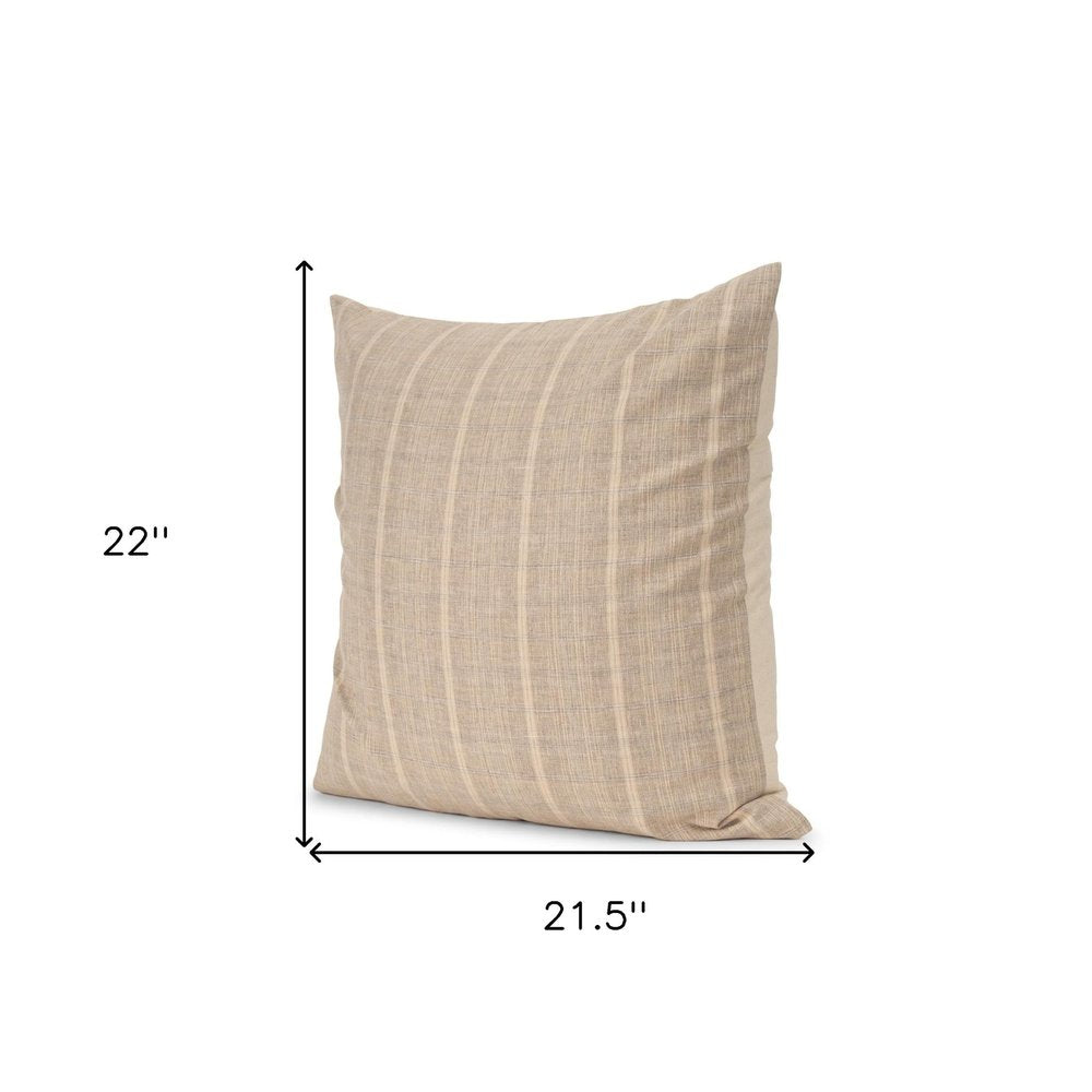 22" Beige And Gray Plaid Cotton Blend Throw Pillow Cover with Texture