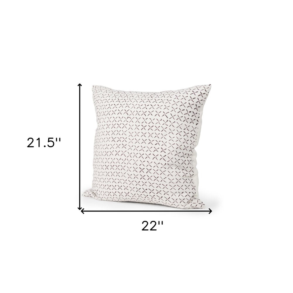 22" Cream And Merlot Geometric Linen Throw Pillow Cover with Embroidery