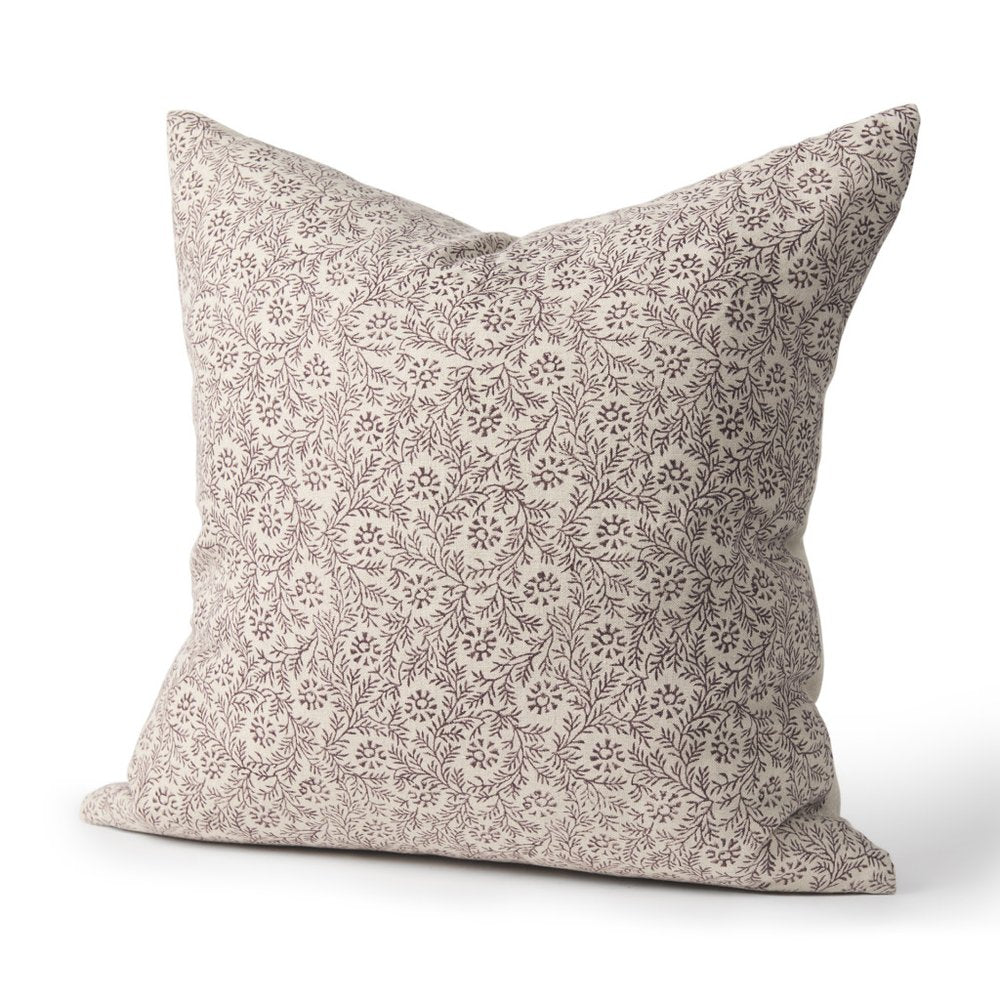 22" Beige And Merlot Botanical Linen Throw Pillow Cover with Embroidery