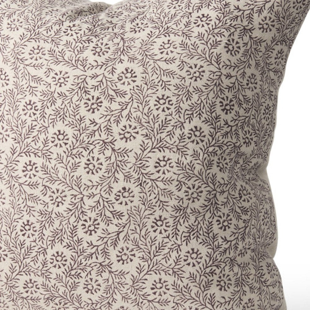 22" Beige And Merlot Botanical Linen Throw Pillow Cover with Embroidery