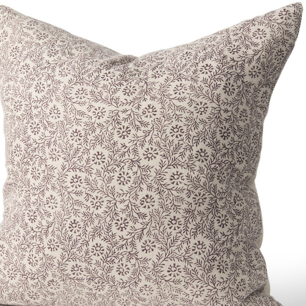 22" Beige And Merlot Botanical Linen Throw Pillow Cover with Embroidery