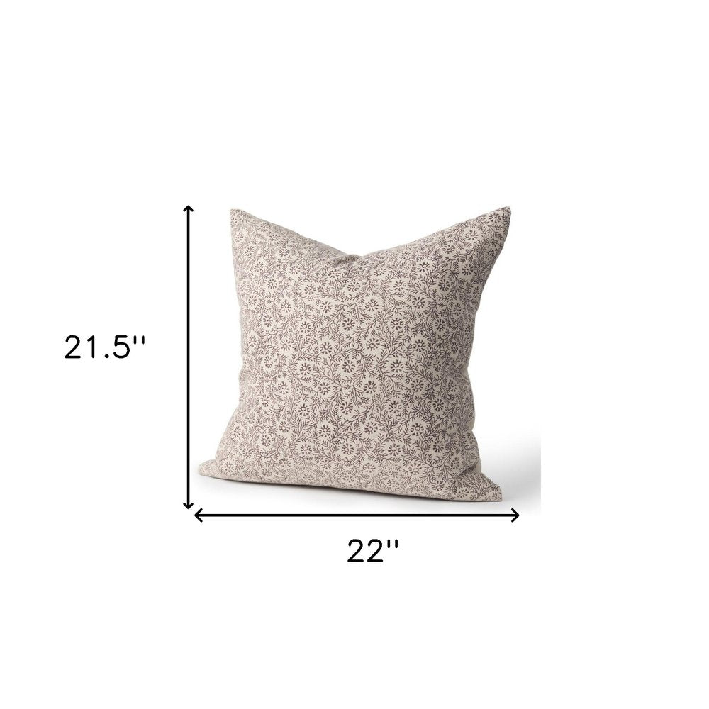 22" Beige And Merlot Botanical Linen Throw Pillow Cover with Embroidery