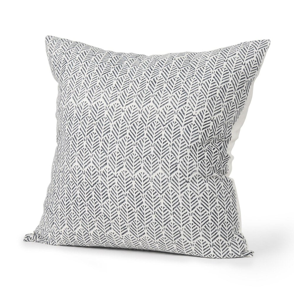 22" Cream And Indigo Botanical Linen Throw Pillow Cover with Embroidery
