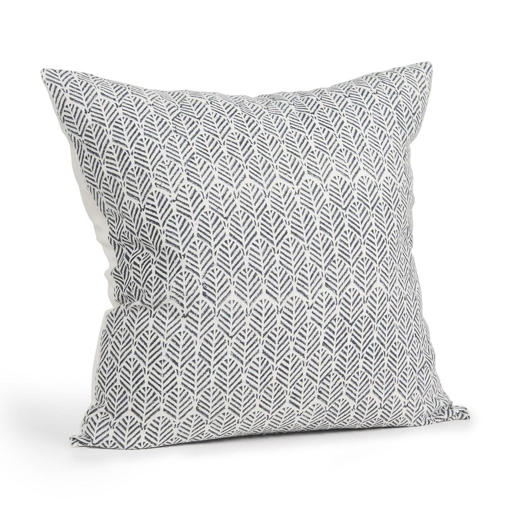 22" Cream And Indigo Botanical Linen Throw Pillow Cover with Embroidery