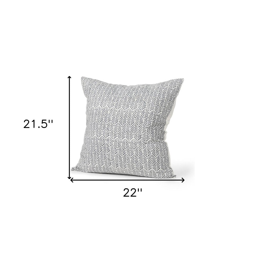 22" Cream And Indigo Botanical Linen Throw Pillow Cover with Embroidery