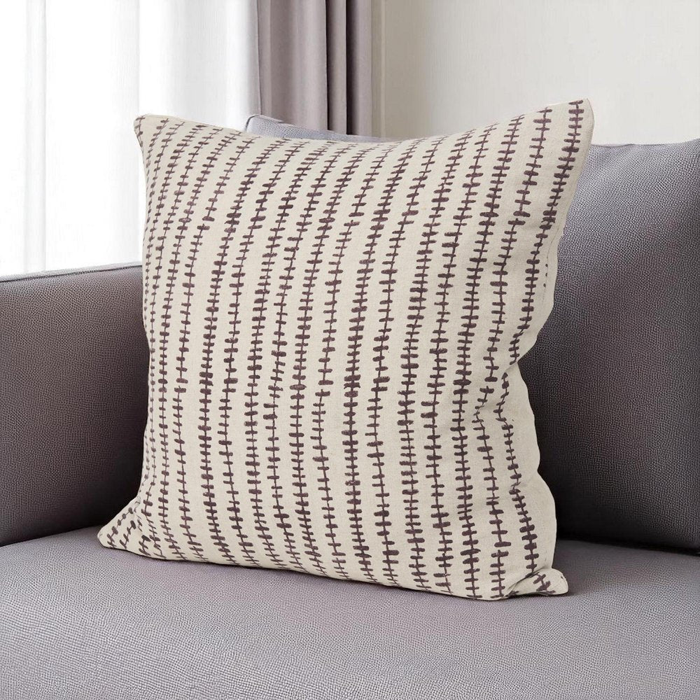 22" Beige And Merlot Striped Linen Throw Pillow Cover with Embroidery
