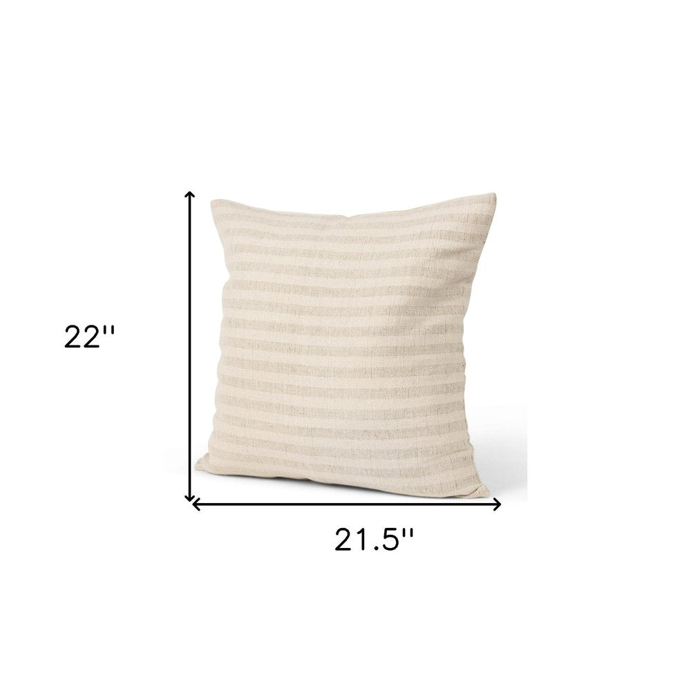 22" Cream And Beige Striped Linen Blend Throw Pillow Cover with Embroidery