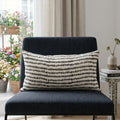 14" X 26" Black And Cream Striped Linen Throw Pillow Cover with Texture