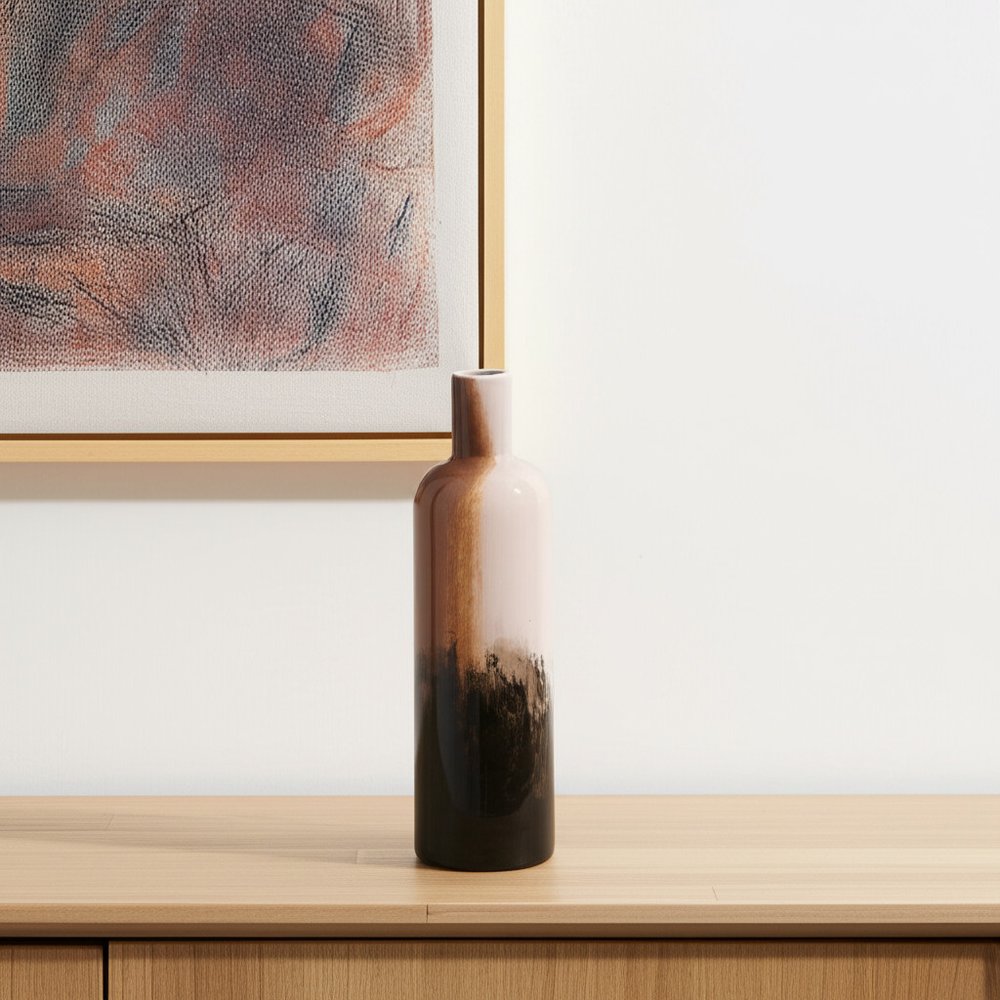 11" Amber Cream And Dark Brown Abstract Glass Table Vase