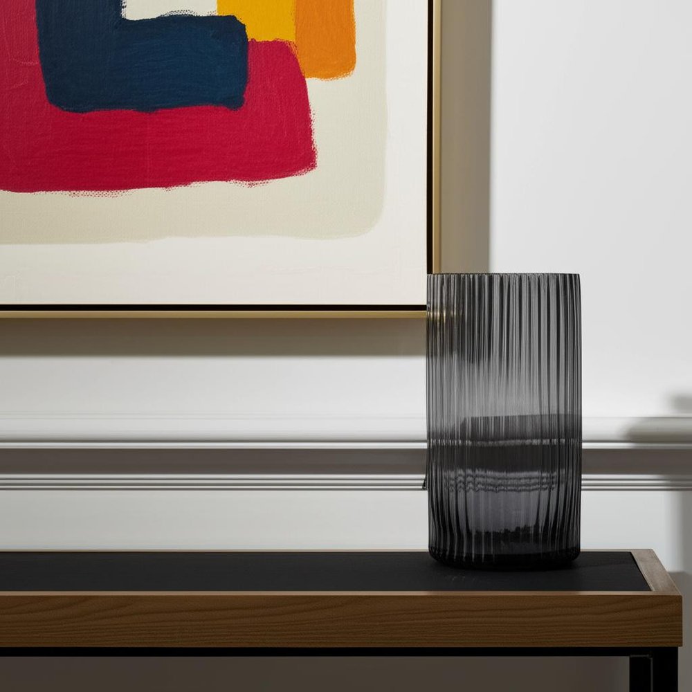 11" Black Cylinder Ribbed Glass Table Vase