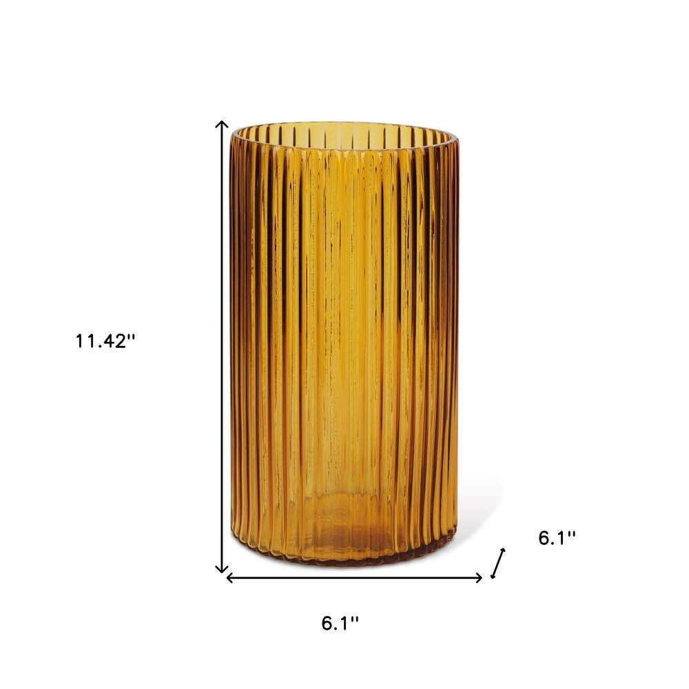 11" Amber Glass Ribbed Cylinder Table Vase