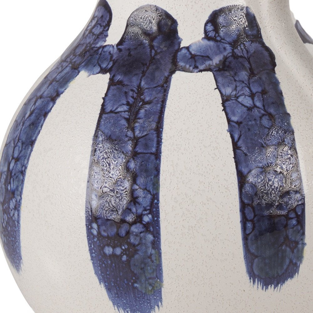 10" White And Blue Abstract Ceramic Amphora Jug Vase