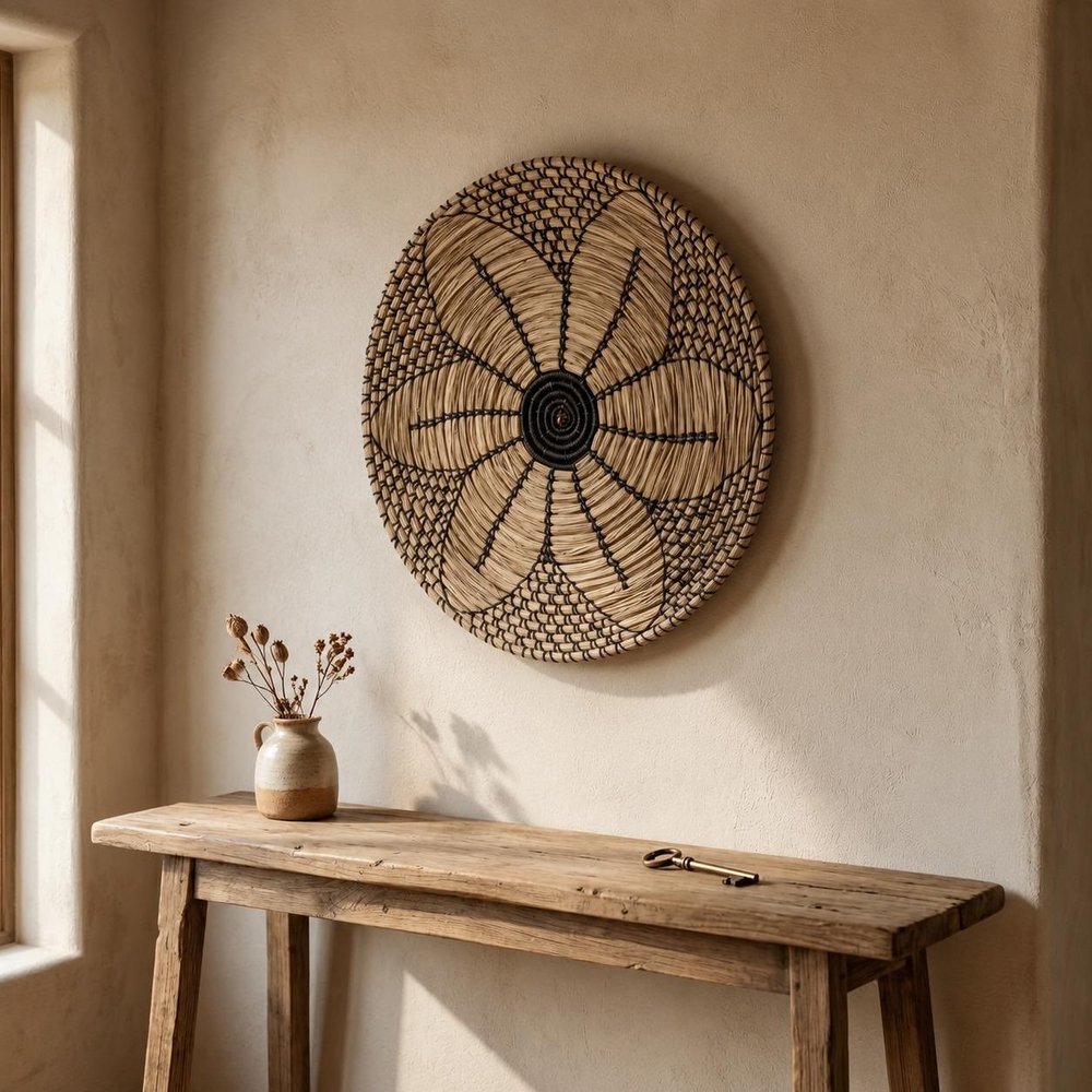 24" X 24" Natural And Black Round Floral Seagrass Hanging Dimensional Sculpture