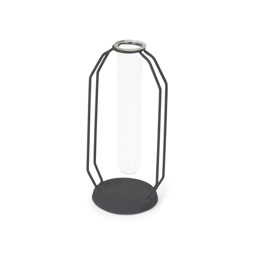 10" Black And Clear Glass And Metal Table Vase