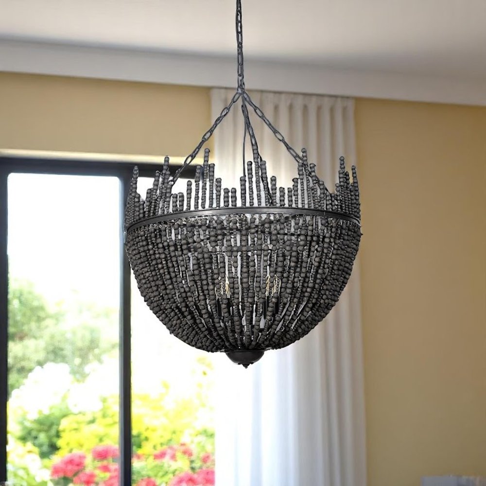 Black Unique Statement Four Light Metal and Beads Dimmable Chandelier