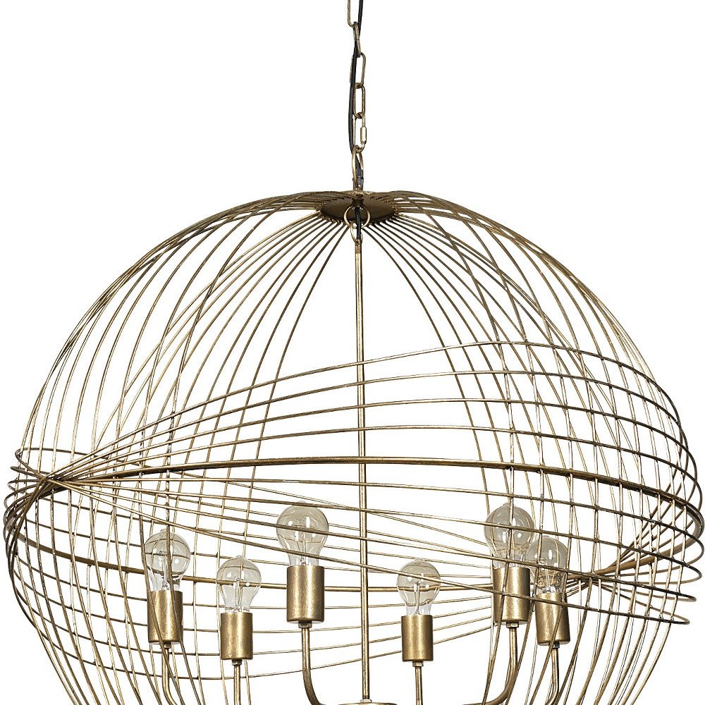 Gold Caged Six Light Metal and Glass Dimmable Chandelier With Gold Shades