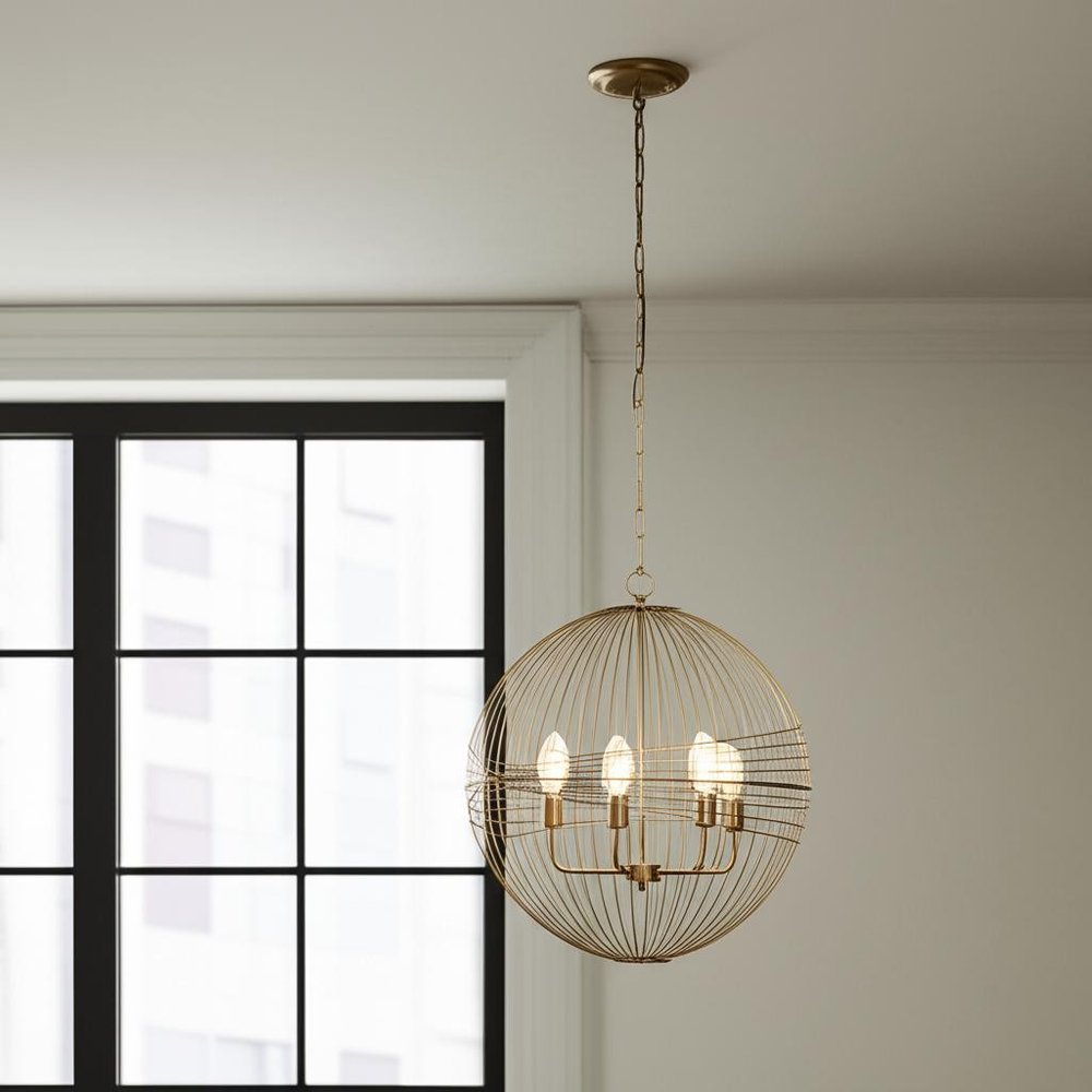 Gold Caged Six Light Metal and Glass Dimmable Chandelier With Gold Shades