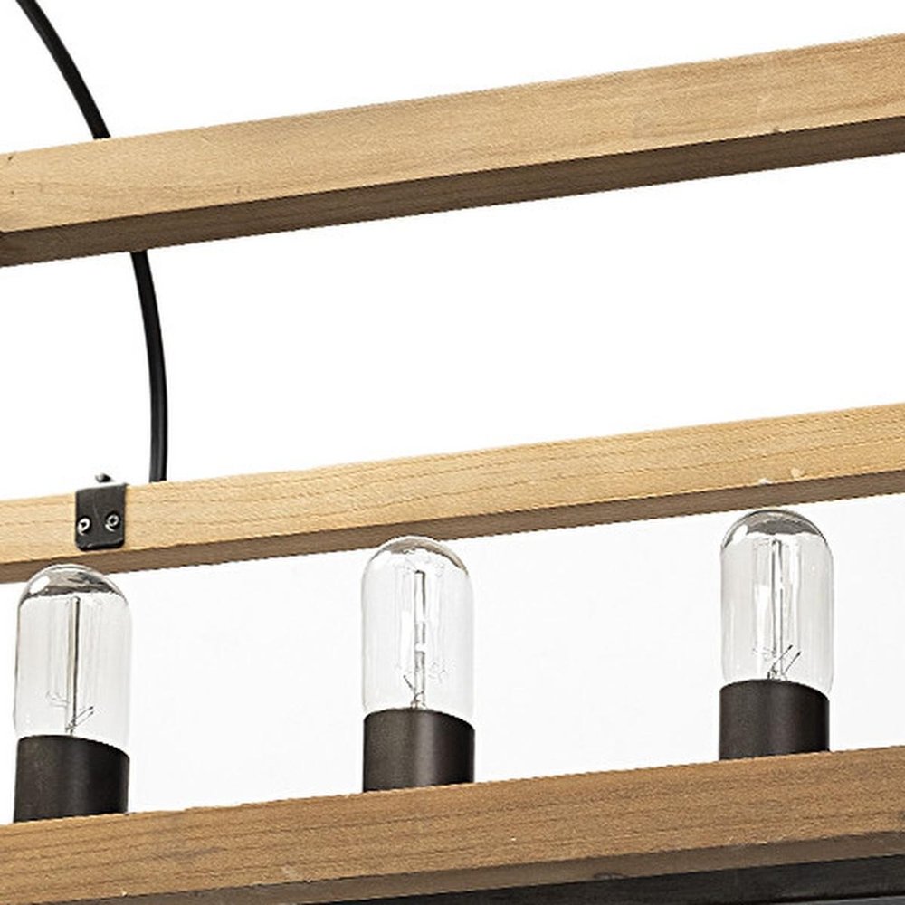 Natural And Black Candle Style Six Light Wood and Metal Dimmable Chandelier
