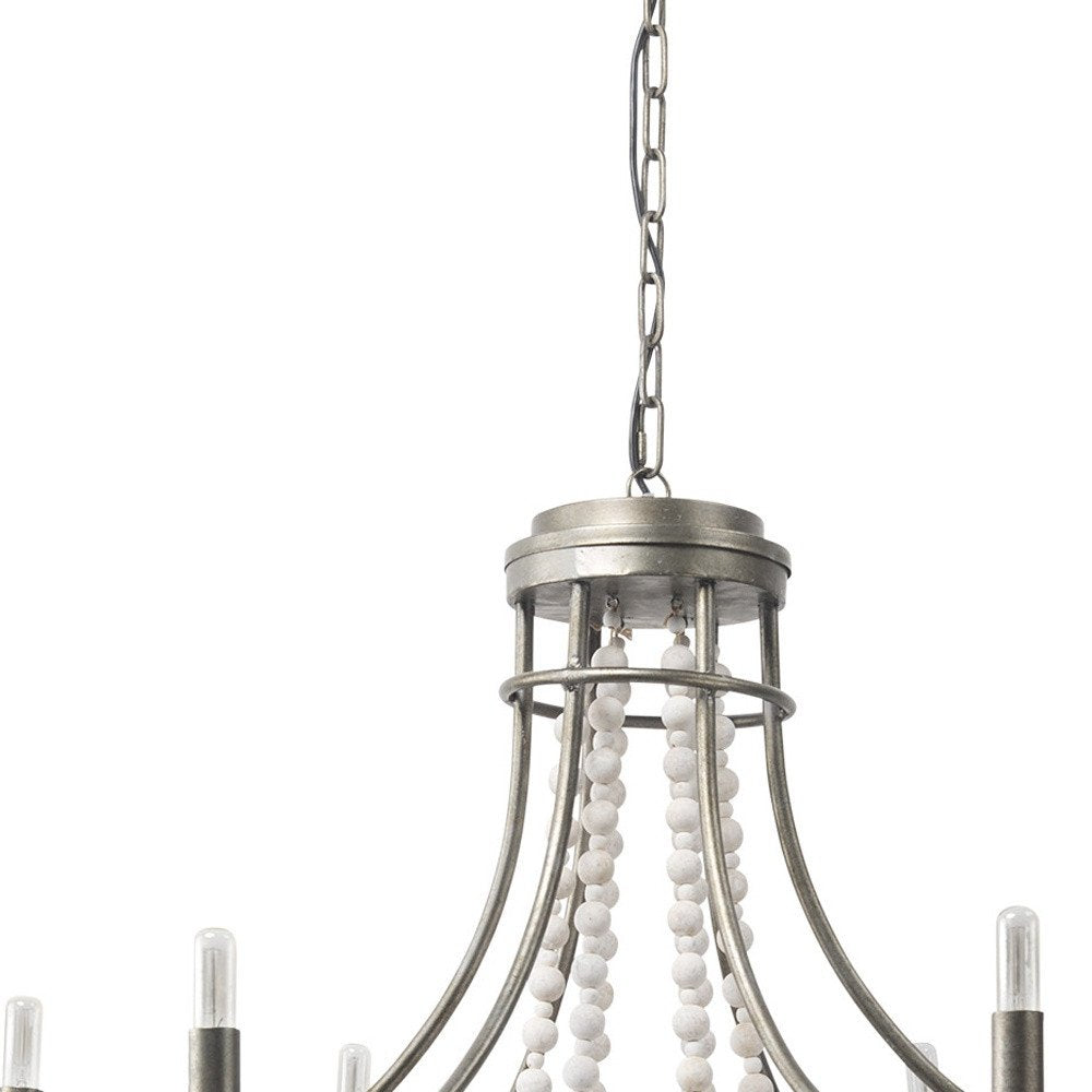 White And Silver Candle Style Six Light Metal and Beads Dimmable Chandelier