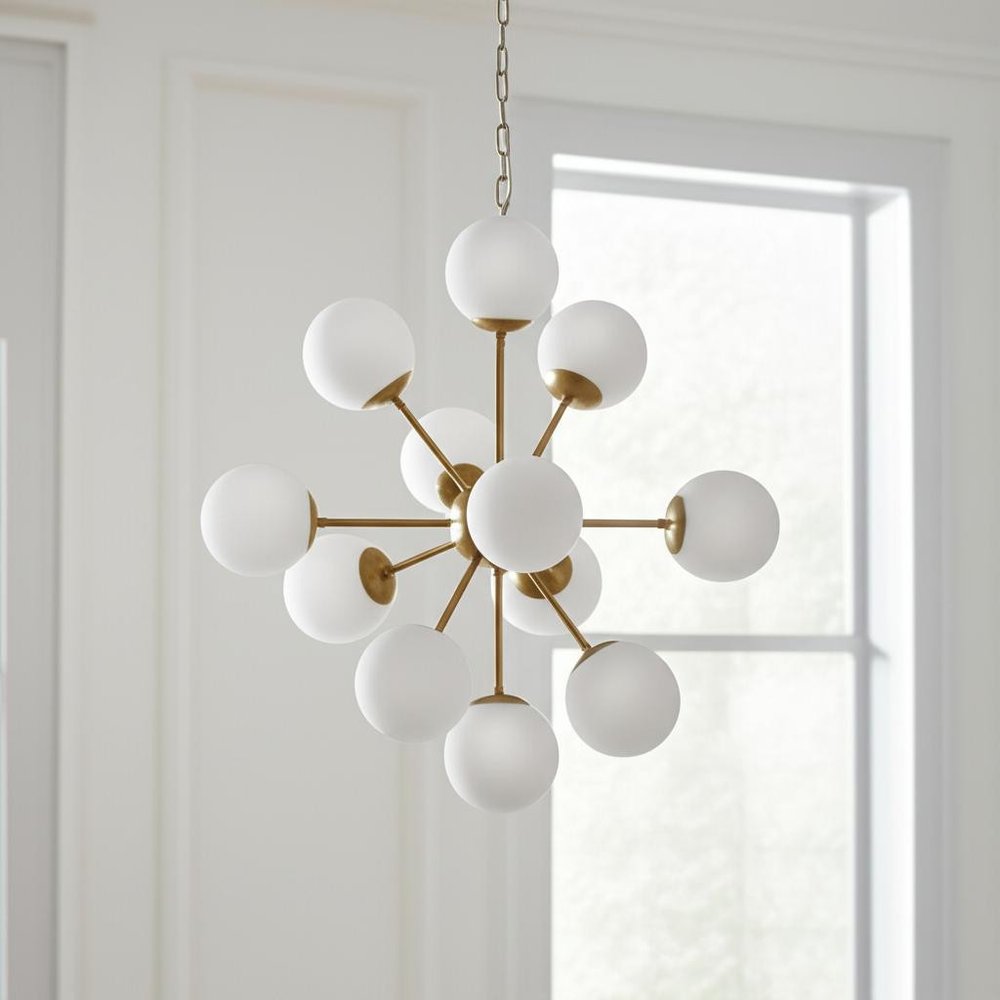 Gold Sputnik Eleven Light Frosted Metal and Glass Dimmable Chandelier With White Shades