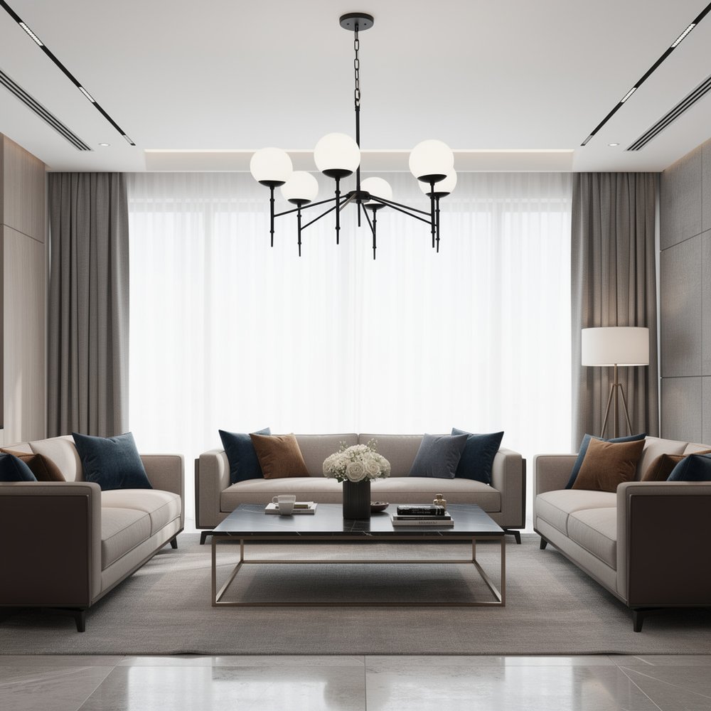 Black Sputnik Six Light Metal and Frosted Glass Dimmable Chandelier